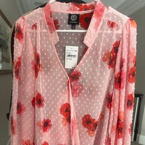 Bobeau sheer floral pink & red blouse, size Large